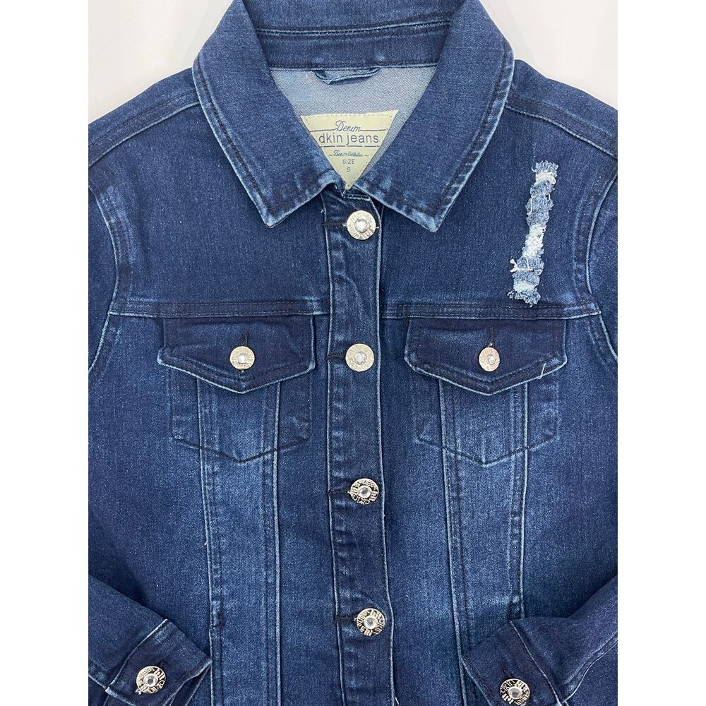Dkin Jeans Dark Wash distressed Denim Jacket Size Small - Picture 6 of 10